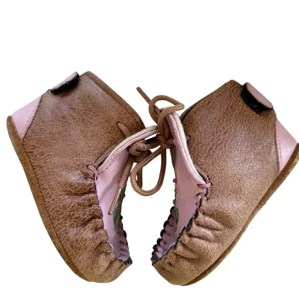 Old West Shyanne Infant Girl's Pink Brown Cactus Leather Moccasin Shoes